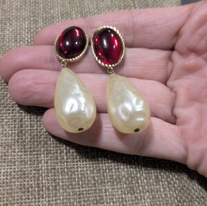 vintage pear-shape cream color baroque pearl and oval ruby  dangle earrings